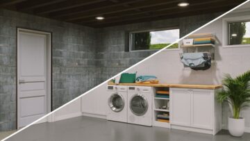 The image above is a split image. The left side depicts an unfinished basement and the right side shows a finished basement with white-painted walls, a washer and dryer, cabinets and plants.
