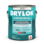 A gallon-sized tin can full of DRYLOK products. The tin is a teal color with the DRYLOK logo written across the top in white.