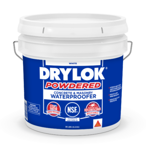 A blue bucket of DRYLOK® Powdered Masonry Waterproofer with red and white text.