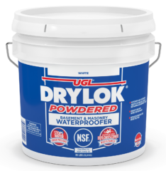 A blue bucket of DRYLOK® Powdered Masonry Waterproofer with red and white text.