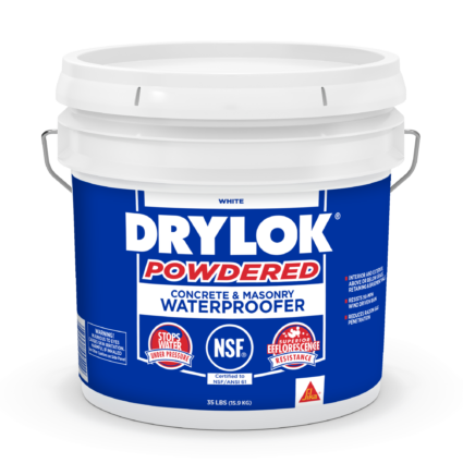 A blue bucket of DRYLOK® Powdered Masonry Waterproofer with red and white text.