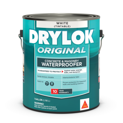 A gallon-sized tin can full of DRYLOK products. The tin is a teal color with the DRYLOK logo written across the top in white.