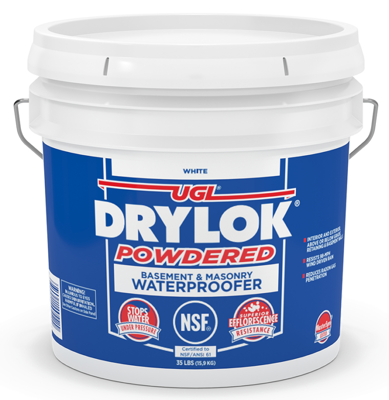 A blue bucket of DRYLOK® Powdered Masonry Waterproofer with red and white text.