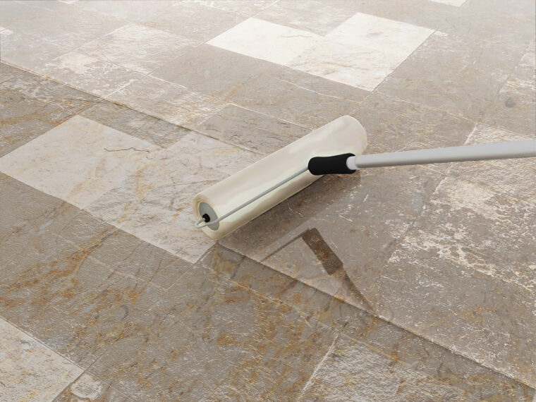 Drylok clear stone floor closeup roller application 150dpi