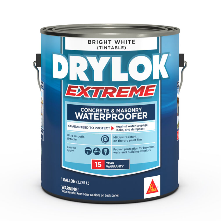 A dark blue gallon-bucket of DRYLOK® Extreme Concrete & Masonry Waterproofer with white and red text.