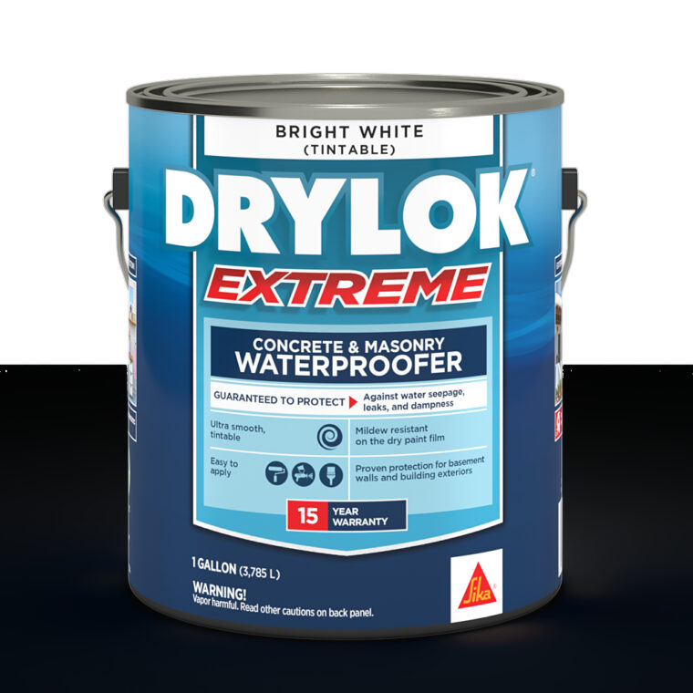 A dark blue gallon-bucket of DRYLOK® Extreme Concrete & Masonry Waterproofer with white and red text.